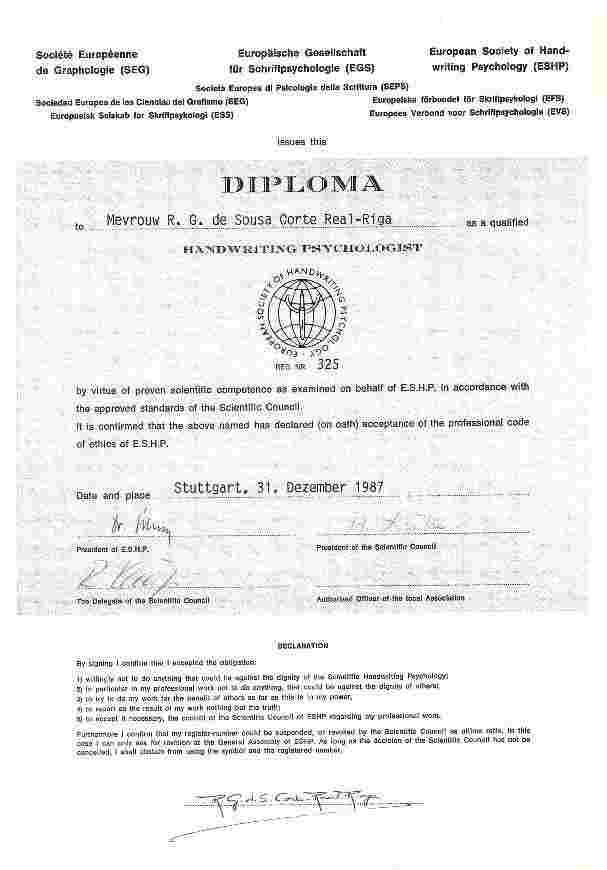 Ren�e Riga: Certification de la Socit� Europ�enne de Graphologie